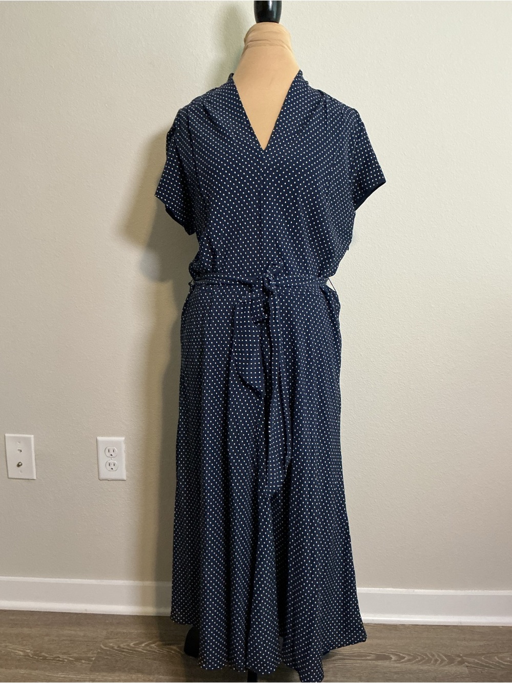 Navy Polka Dot Maxi Dress with Tie Waist